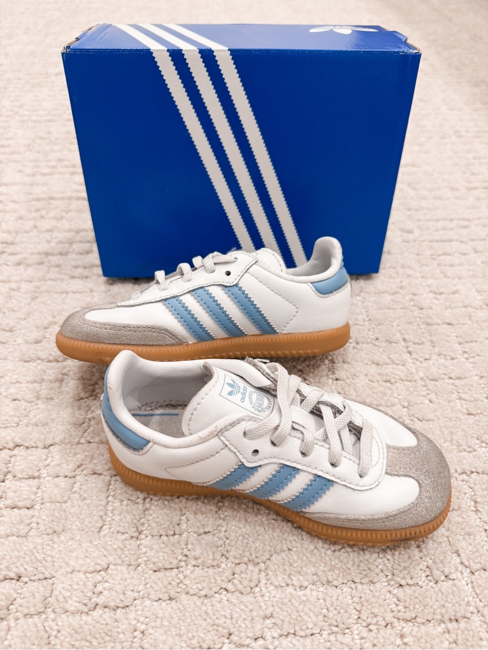 adidas Toddler White Sneakers with Light Blue Stripes and Gum Sole